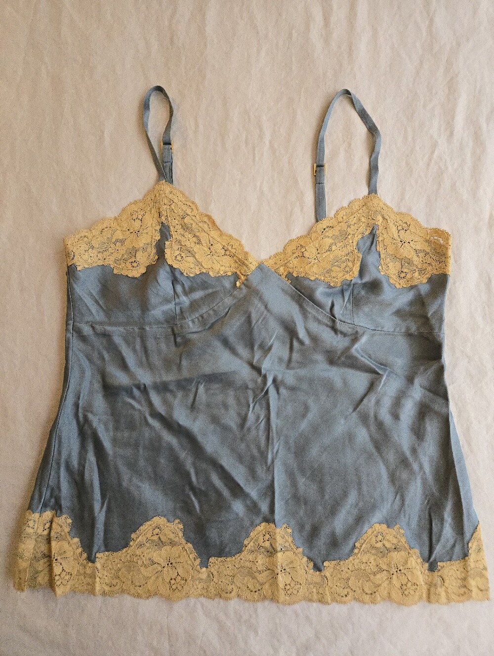 Express Blue Stretch Silk Cream Lace Trim 90s Y2K Bustier Seam Cami Tank Top EB4
